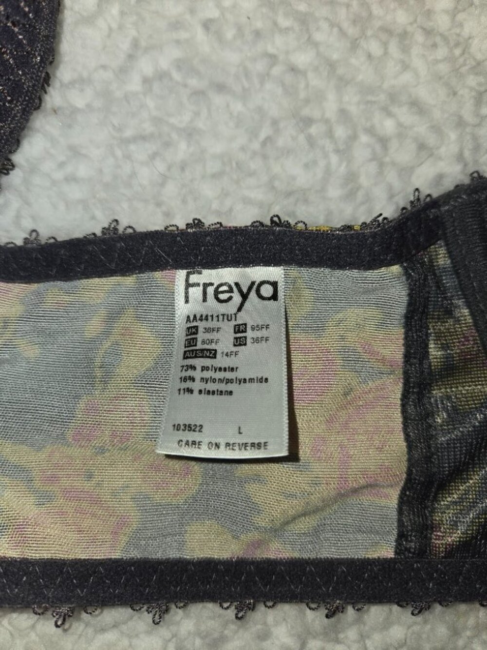 Freya Tattoo Underwire Balcony Bra 36FF UK 36H US Floral Lace AA4441 - Picture 4 of 5